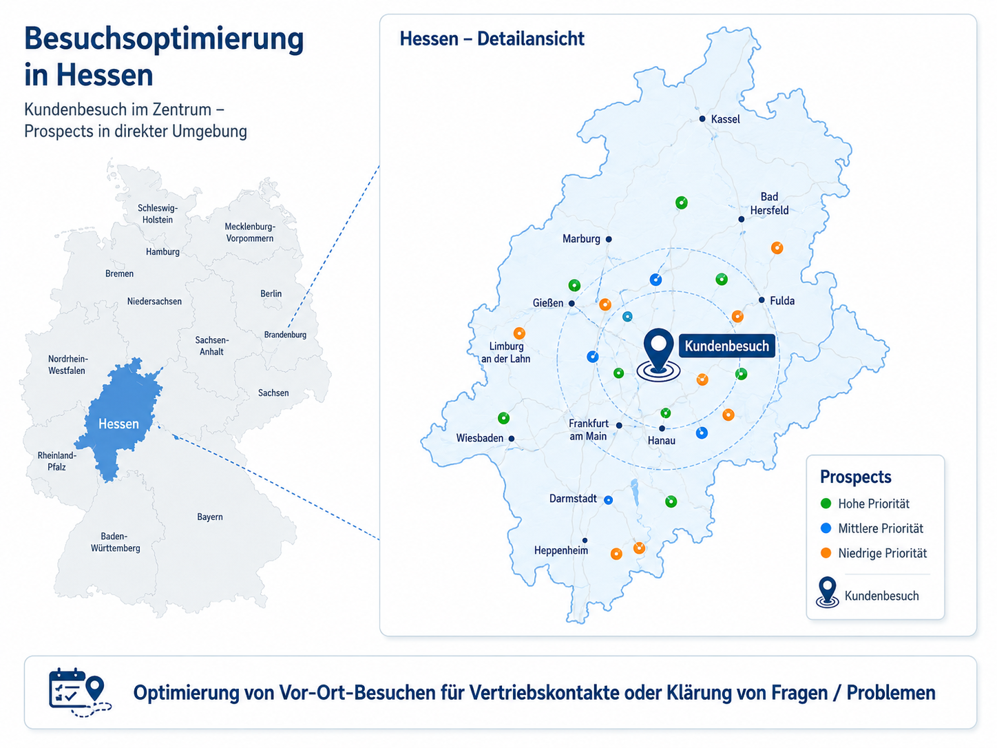 Landkarte Hessen mit Kundenbesuch im Zentrum und farblich markierten Prospects im Umkreis