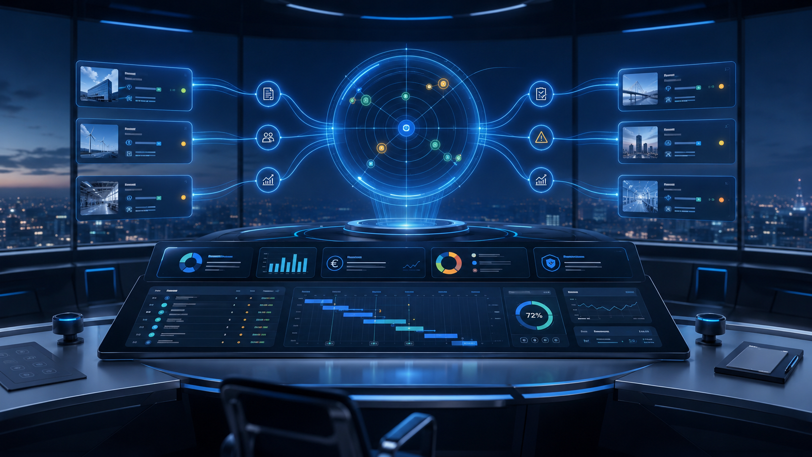AI-generated visualization of a futuristic project control center with dashboards, metrics and a portfolio overview